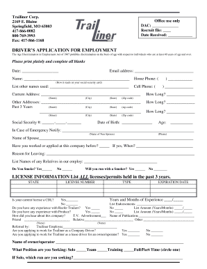 Driver Employment Application Template Form