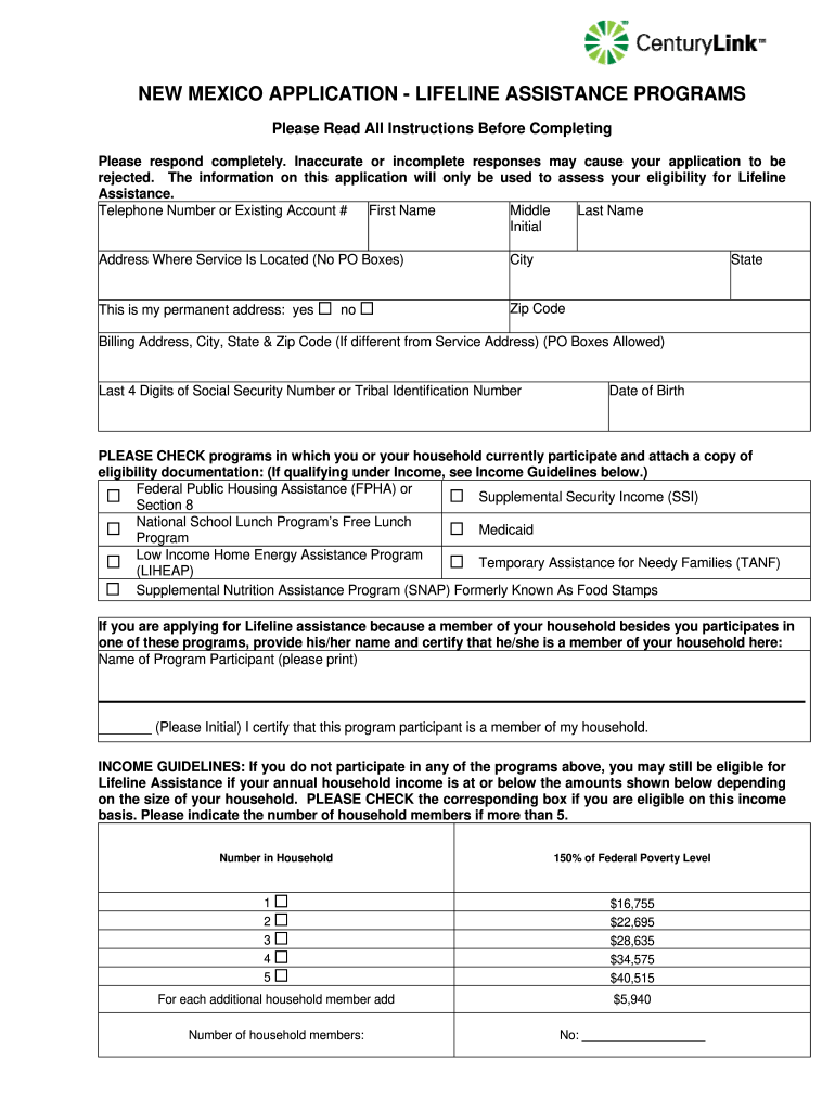 Centurylink Lifeline Online Application  Form