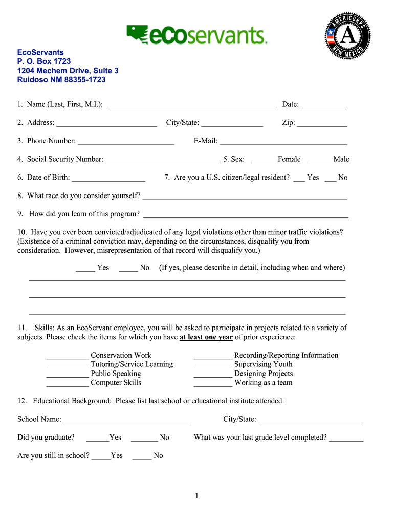 Ecoservants Application  Form