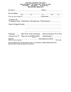 Central Baptist College Transcript Request  Form