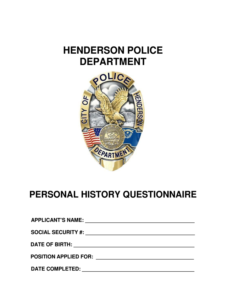 Personal History Questionnaire Police  Form