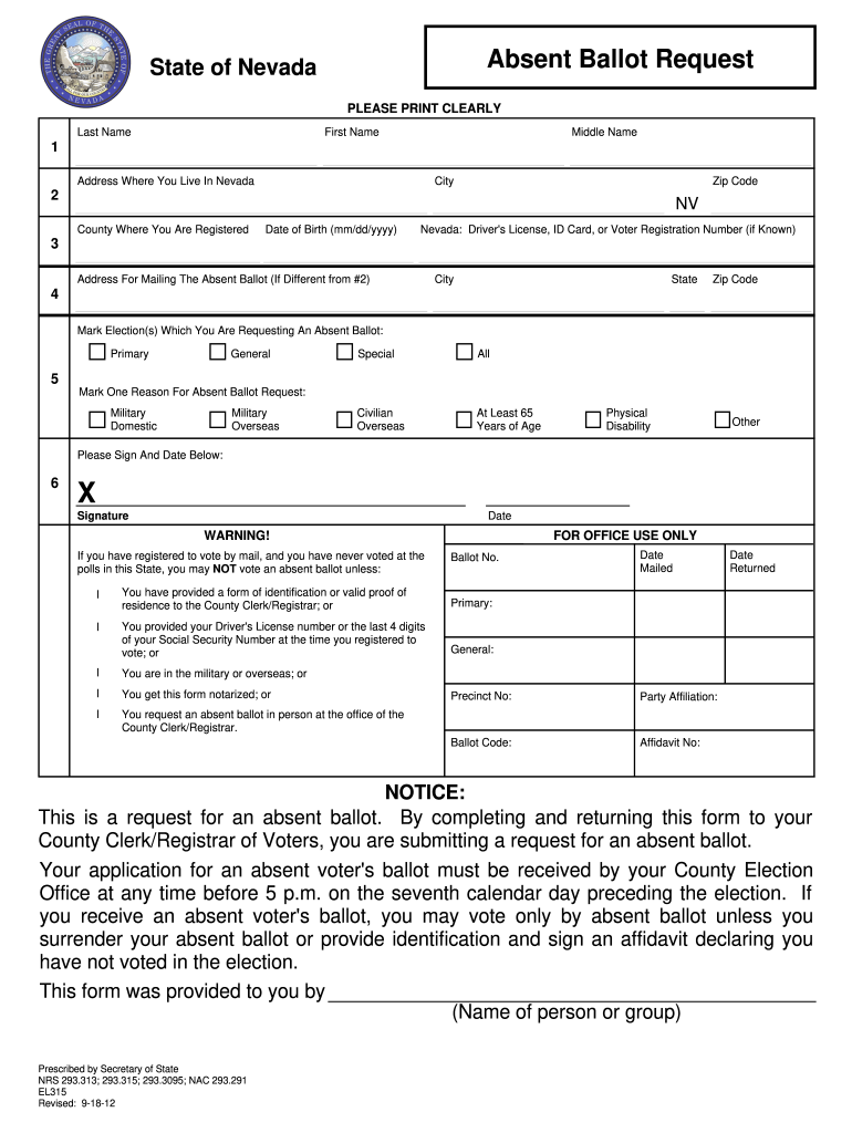  Absentee Ballot Nevada Fillable Form 2012