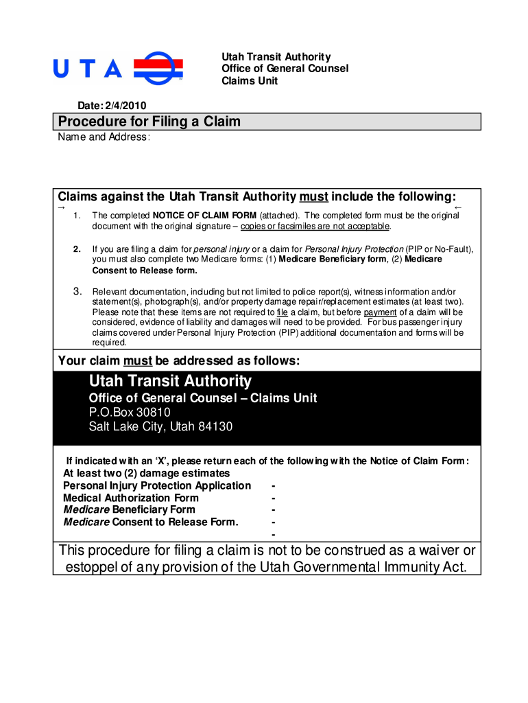  Download the Notice of Claim Form  Utah Transit Authority 2010