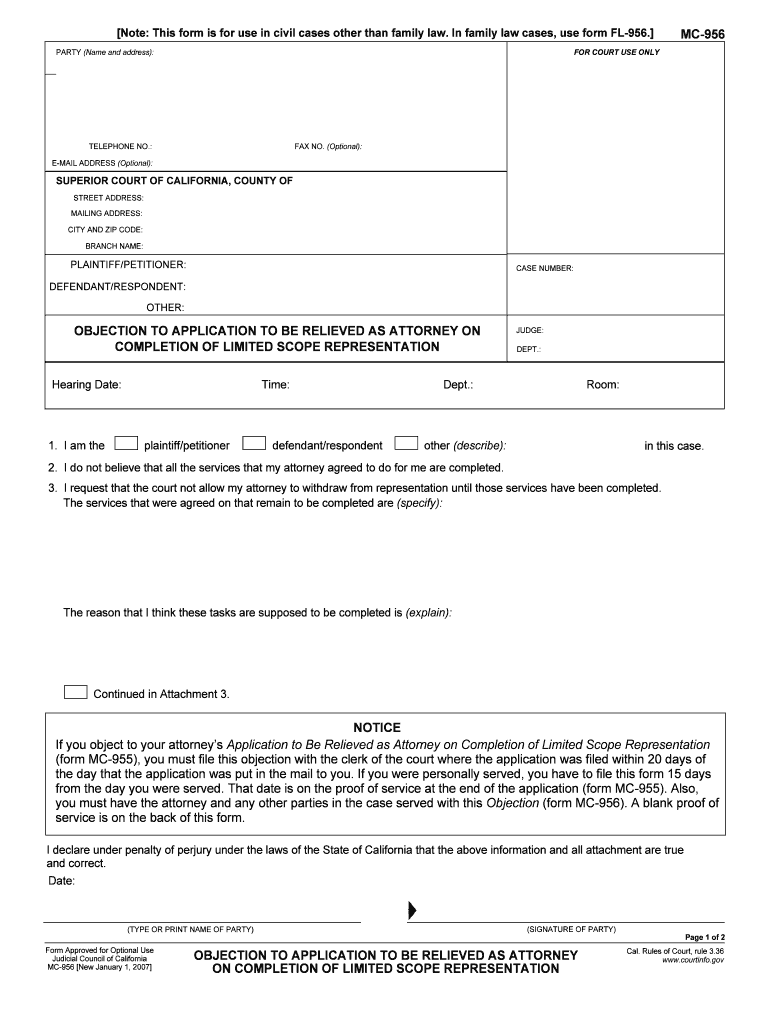  MC 956 Objection to Application to Be Relieved as Attorney on Courts Ca 2007