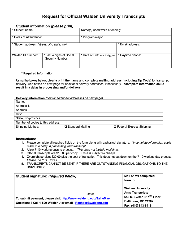 Walden University Transcript Request  Form