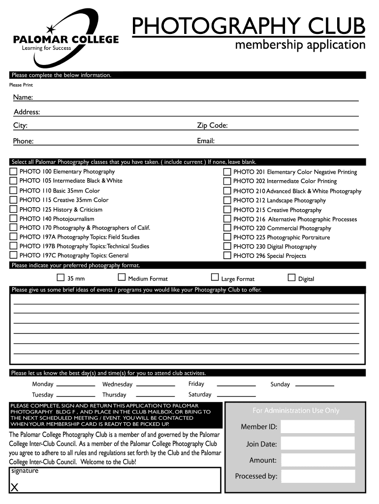 Membership Application Palomar College Club Index Clubs Palomar  Form