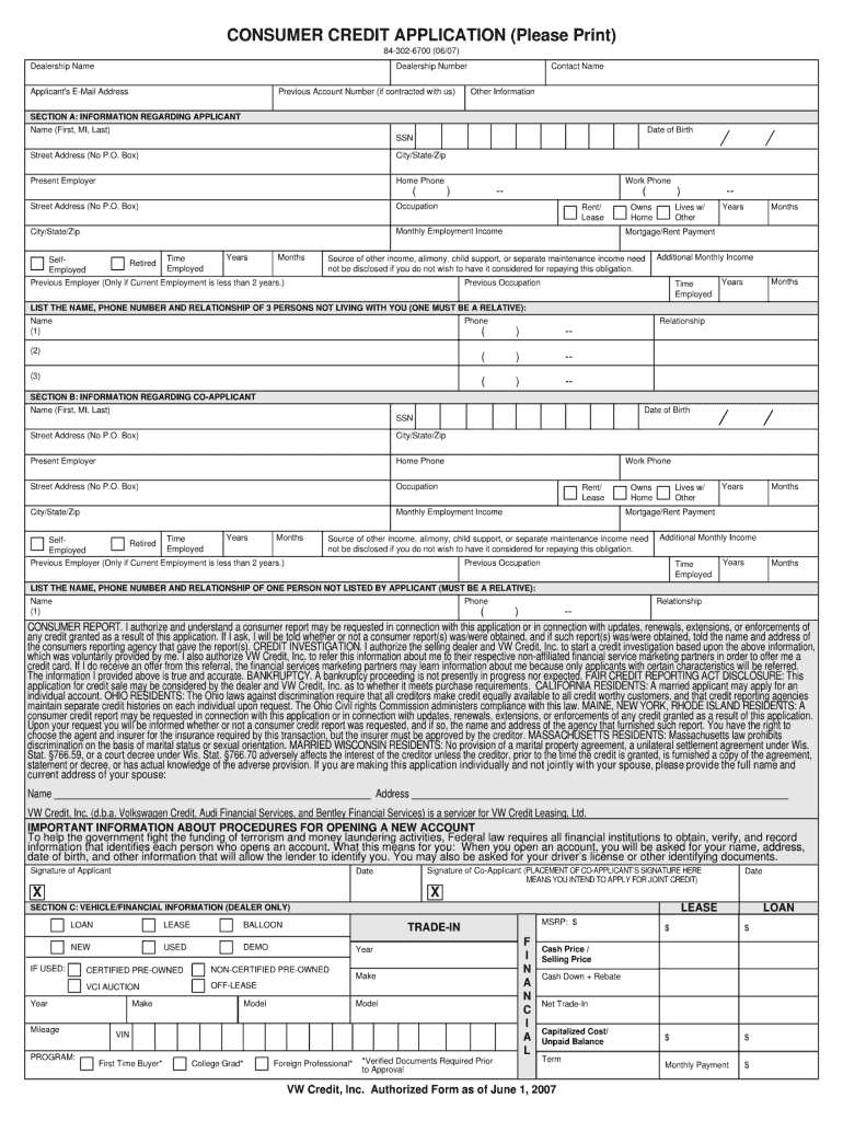 Get and Sign Vw Consumer Credit Application PDF 2007-2022 Form