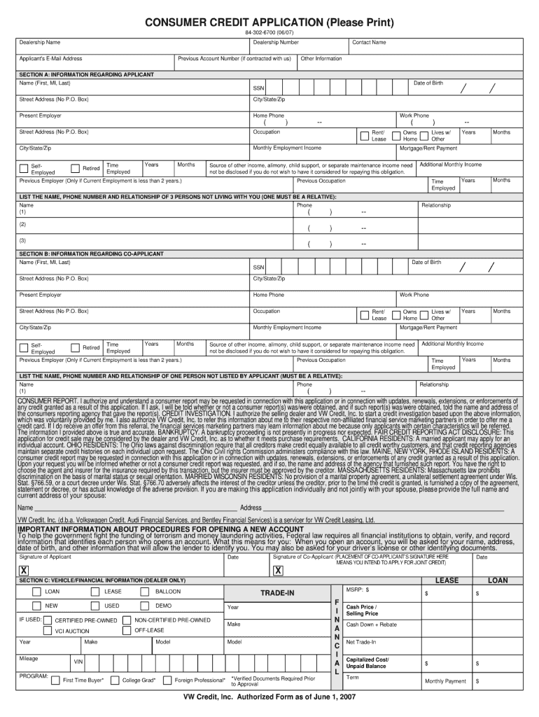  Vw Consumer Credit Application PDF 2007-2024