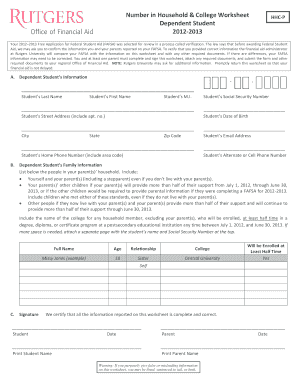 Rutgers Number in Household and College Worksheet Form