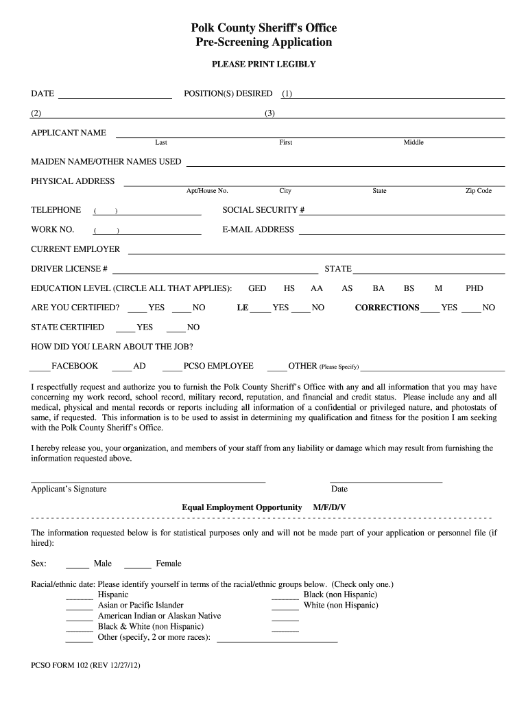 Get and Sign Prescreening Application Form 102 2011-2022