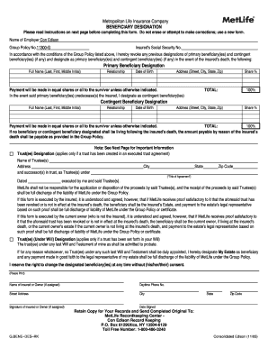 Metropolitan Life Insurance Company Beneficiary Designation Gbene Des Rk Form