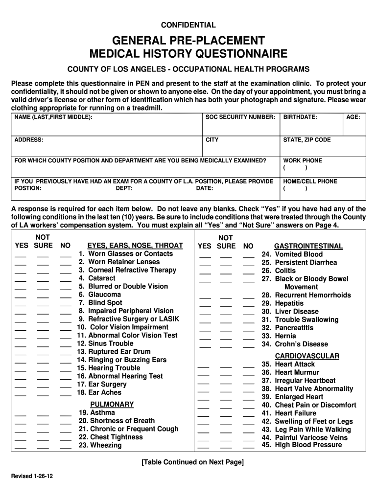  Health History Questionnaire 2012-2024