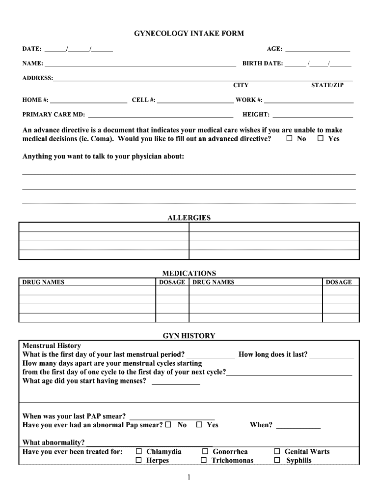  Gynecology Intake Form 2007-2024