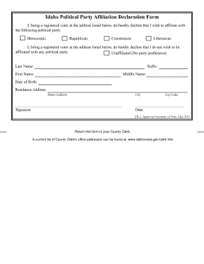 Idaho Political Party Affiliation Declaration Form