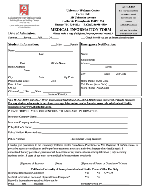  Medical Information Form California University of Pennsylvania Calu 2013