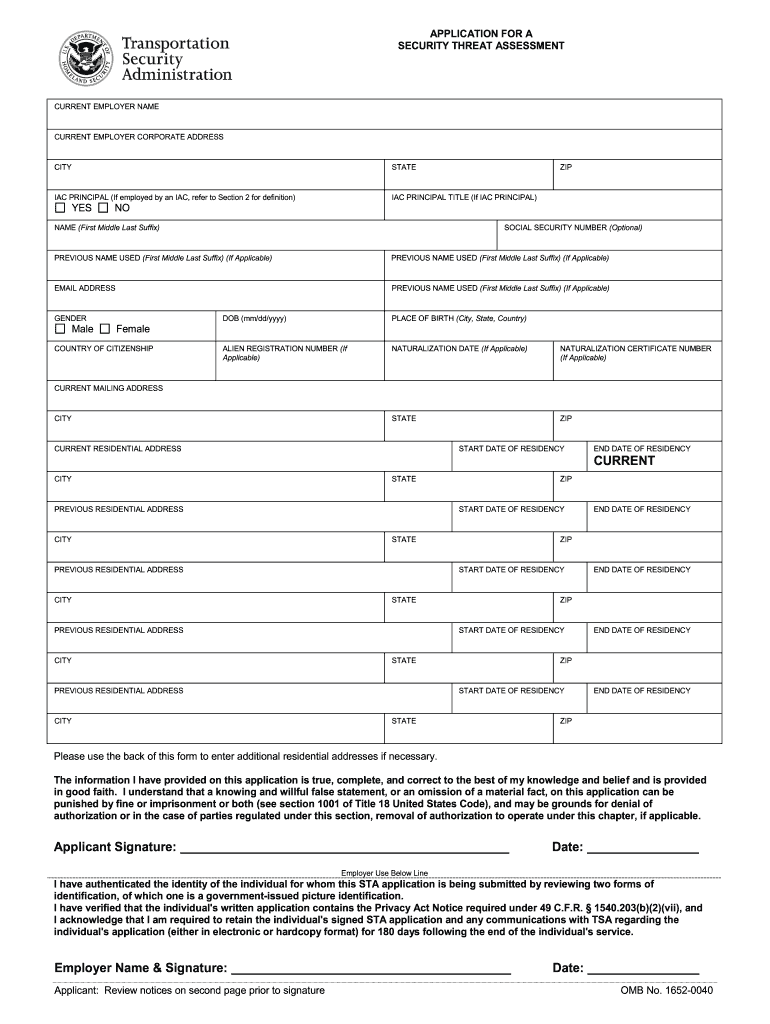 Tsa Form 1652 0040