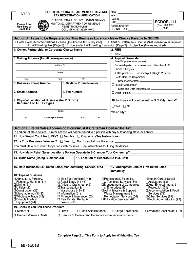  Print South Carolina Accomodations Tax Form 111 2020