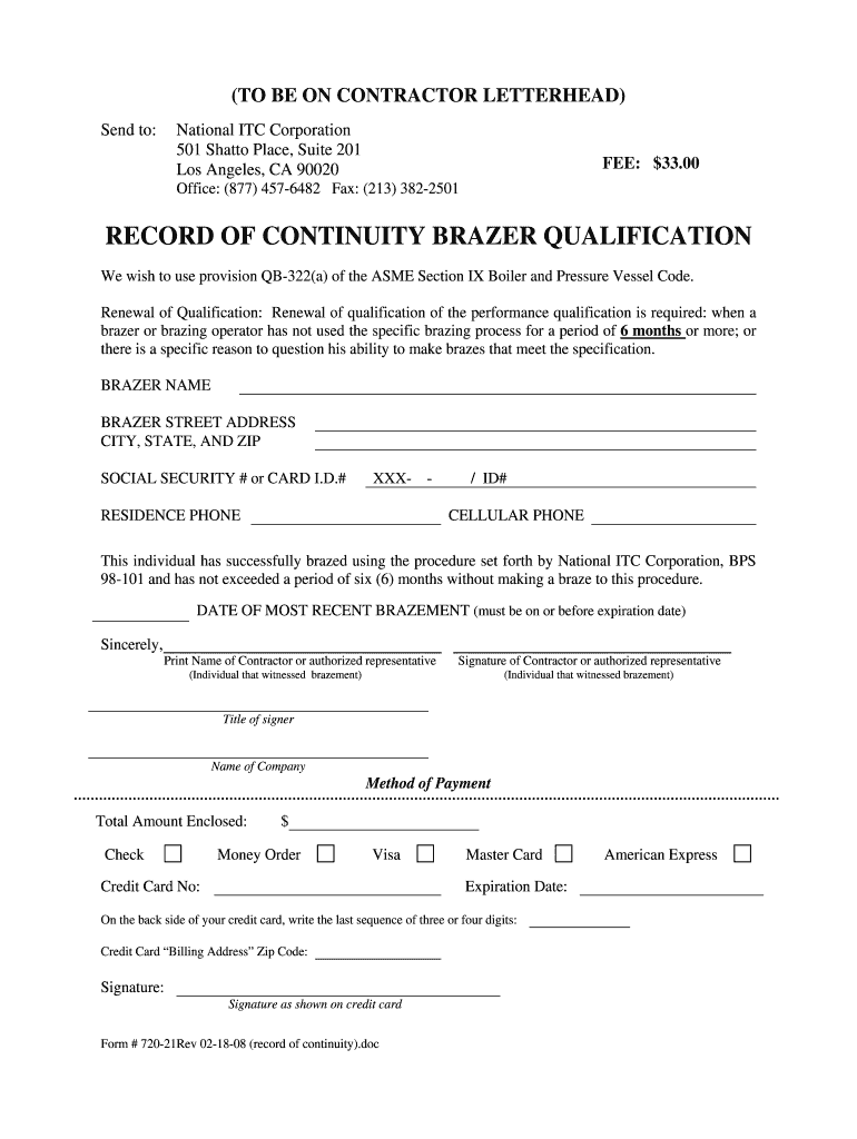  Record of Continuity Brazer Qualification Form 2008