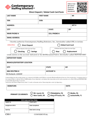 Global Cash Card Direct Deposit Form