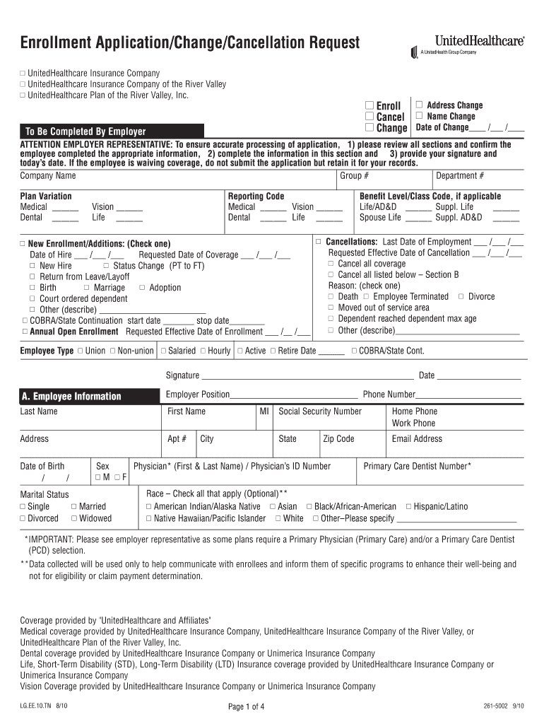 United Healthcare Enrollment Application Change Cancellation Request Form