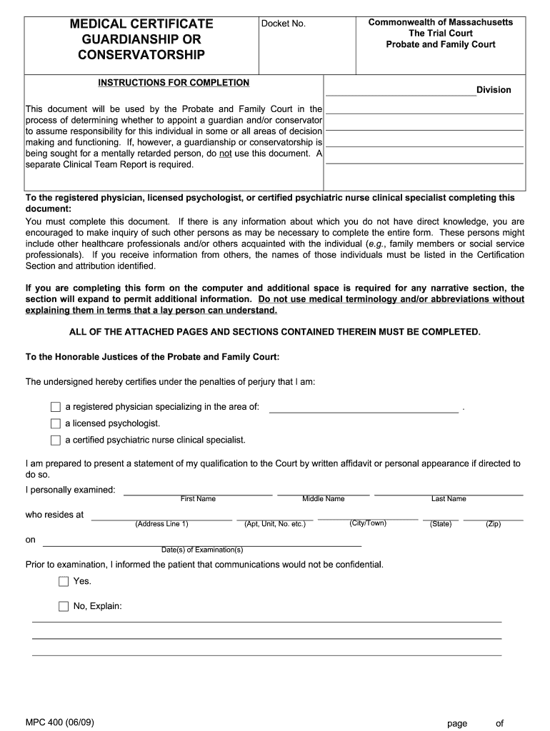  Mpc 400 Medical Certificate Filliable  Form 2009