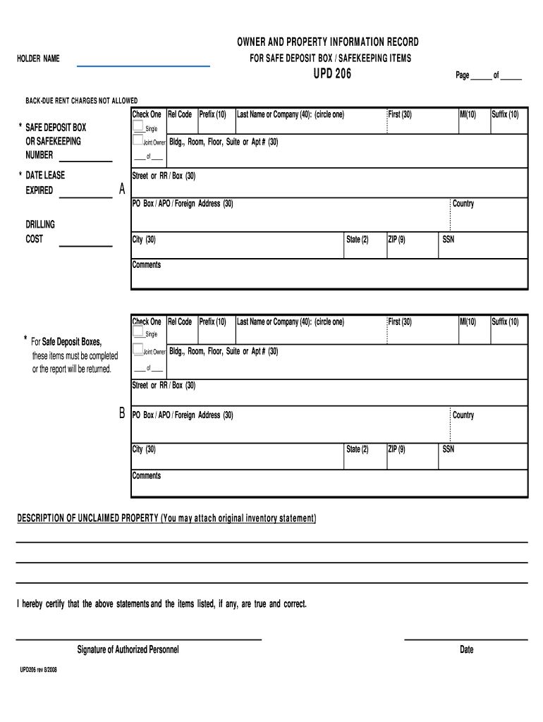 Fillable Unclaimed Property Form Upd 205 and Upd 206