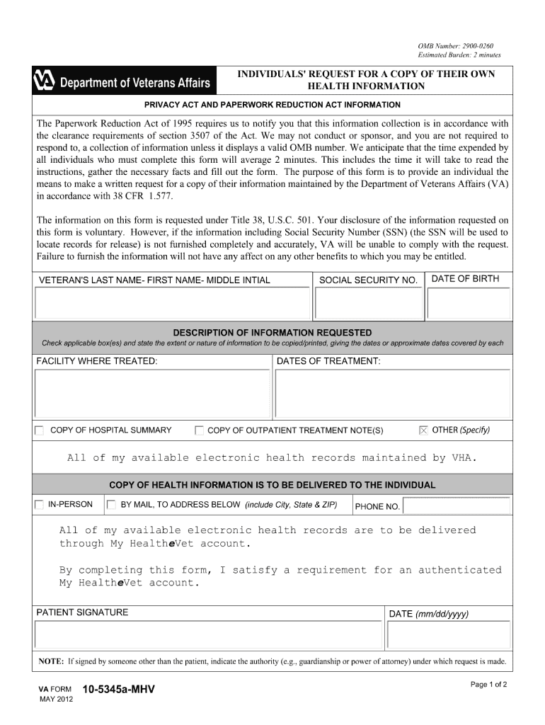  Va Form 10 5345a Mhv 2012-2024