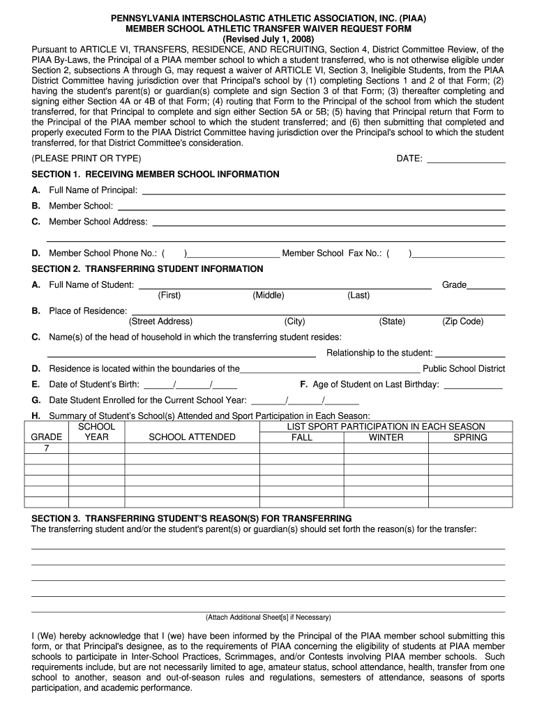 Get and Sign Piaa Member School Athletic Transfer Waiver Request Form 2008-2022