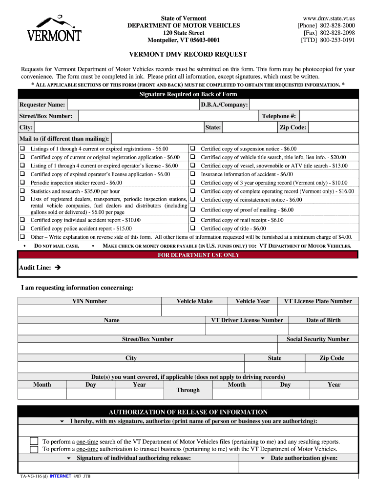  Vt Dmv Form Vg 116 2007