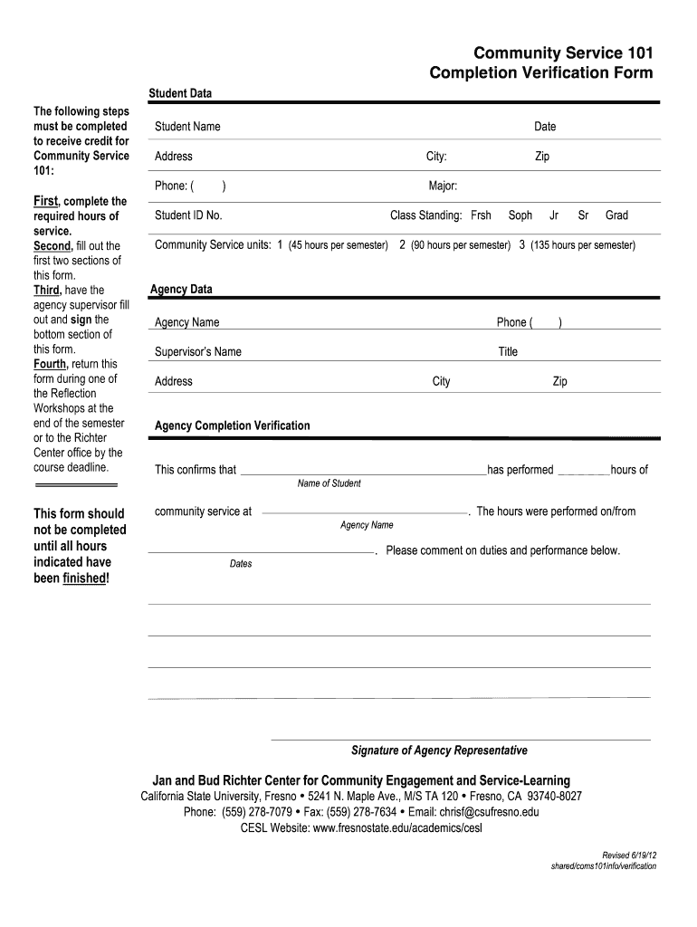  Community Service Completion Form 2012-2024