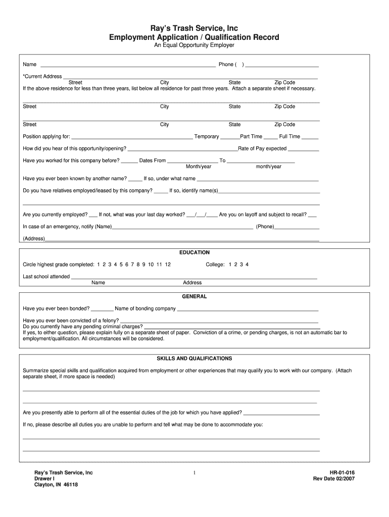 Rays Trash Application Form