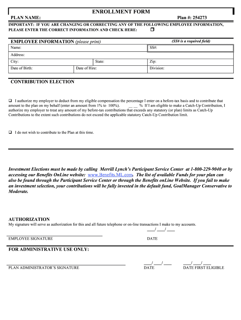 401k Enrollment Form Template