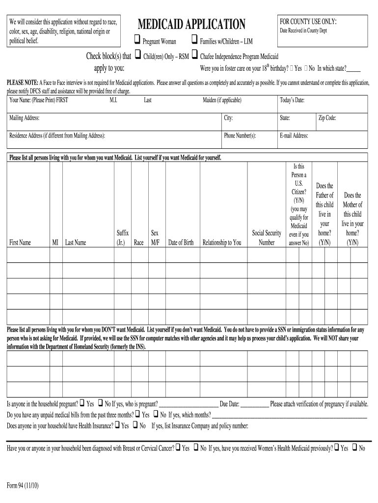 Get and Sign Medicaid Application 2010-2022 Form