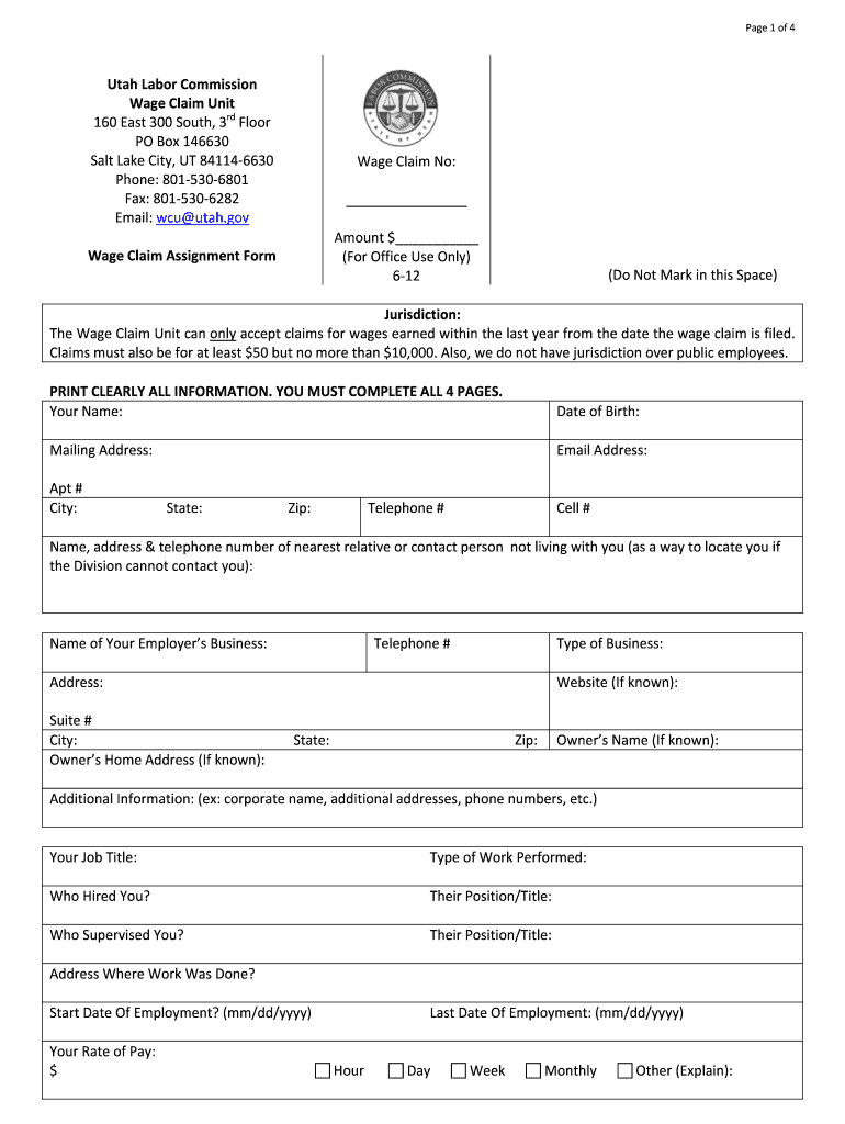 Utah Wage Claim  Form