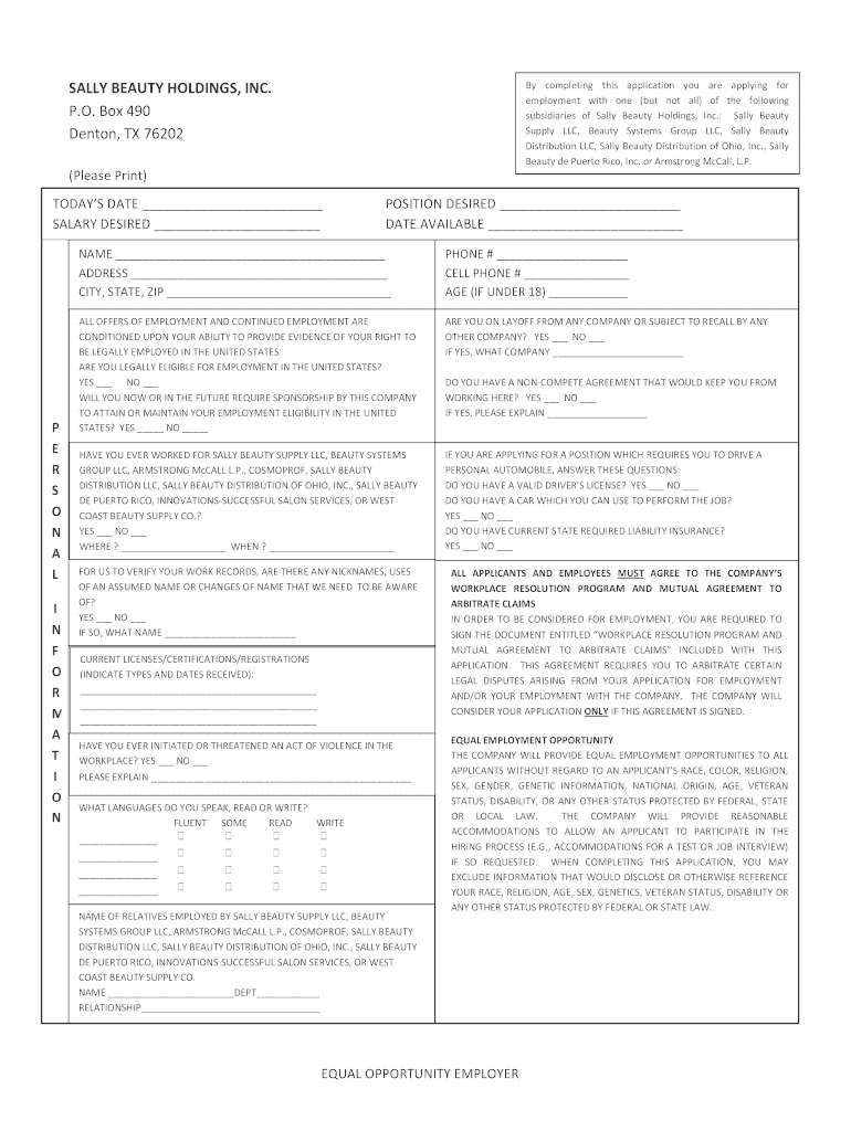 Sally Beauty Application  Form