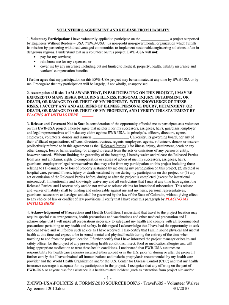 Engineers Without Borders Volunteers Agreement and Release from Liability 1 Voluntary Participation I Have Voluntarily Applied T  Form