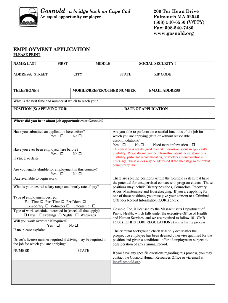 Gosnold Job Application  Form