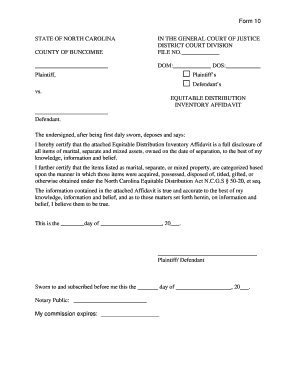 Form 10 Inventory Equitable Distribution Affidavit Fillable PDF Nccourts