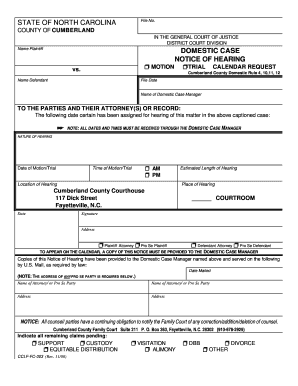 State of North Carolina Domestic Case Notice of Hearing the North Nccourts  Form