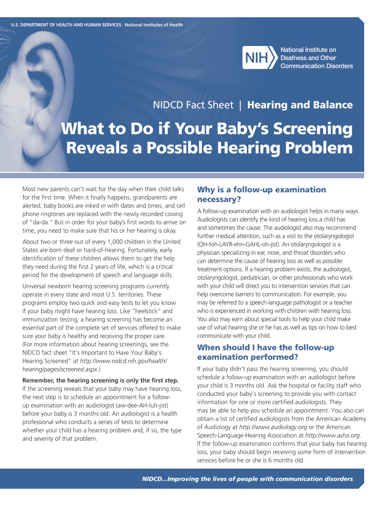 What to Do If Your Baby S Screening Reveals a Possible Hearing Problem Fact Sheet for Parents with Children Who Have a Hearing P  Form