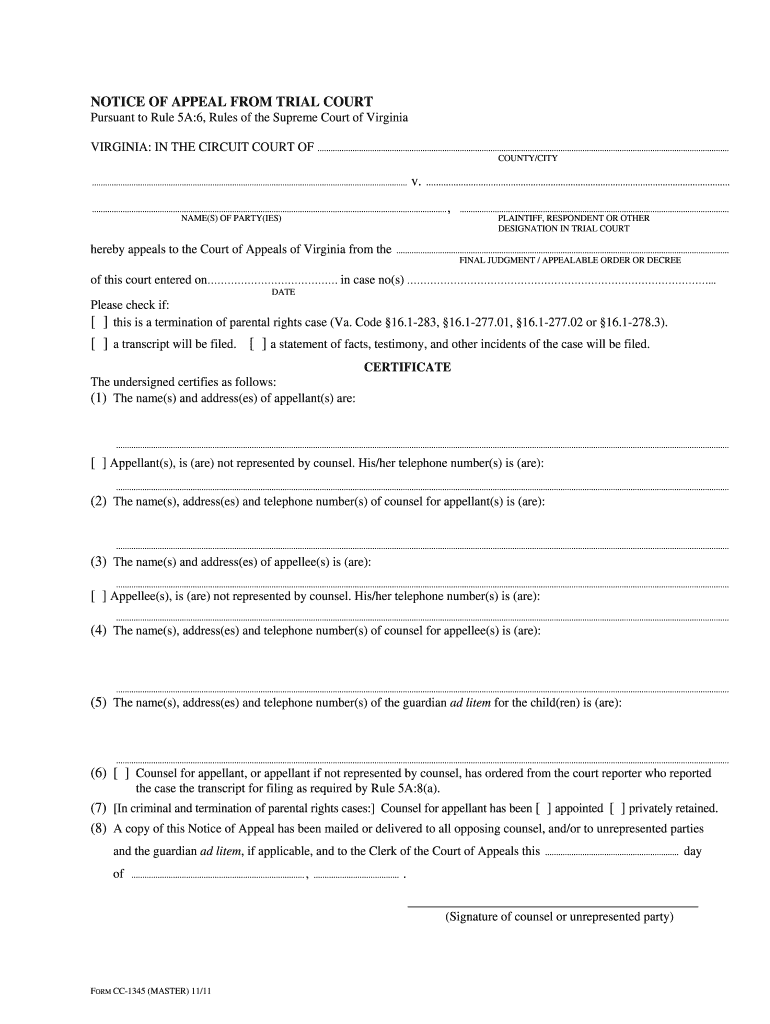 Virginia Appeal Trial Form
