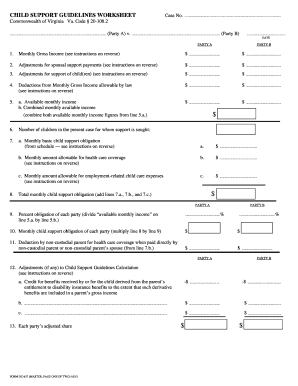 CHILD SUPPORT GUIDELINES WORKSHEET Case No Courts State Va  Form