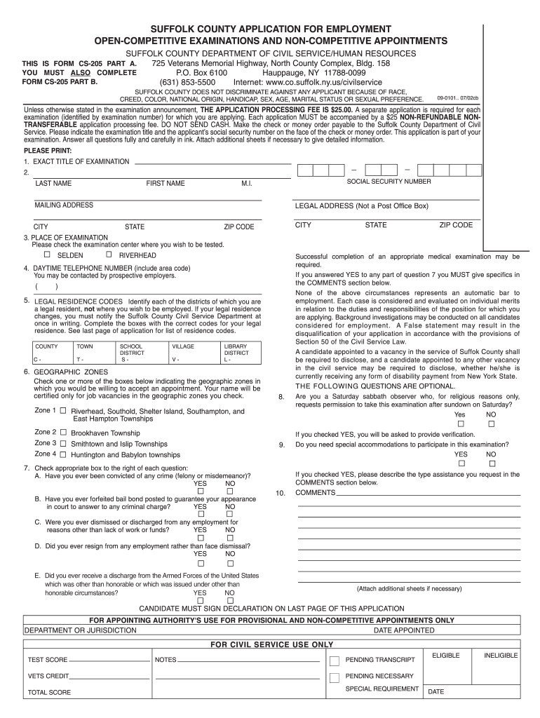  Suffolk County Civil Service Form Cs205a 2002-2024