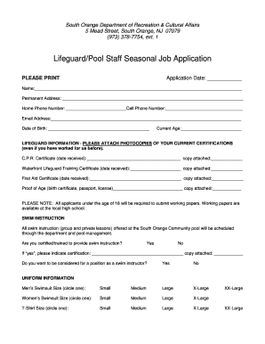 LifeguardPool Staff Seasonal Job Application Southorange  Form
