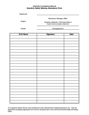  Quarterly Safety Meeting Attendance Form University of Louisiana Ulm 2014-2024