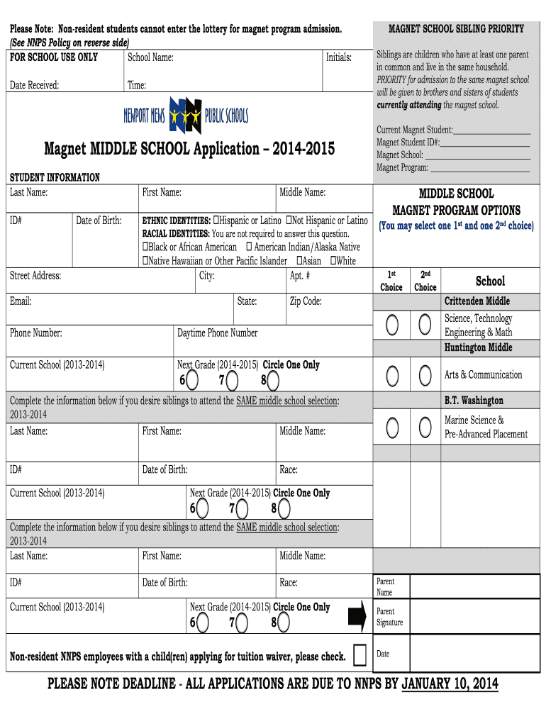 Magnet MIDDLE SCHOOL Application Nnschools  Form