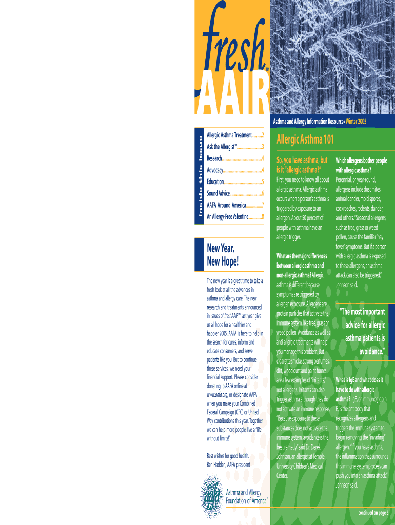 Allergic Asthma 101 New Year New Hope! Asthma and Allergy Aafa  Form