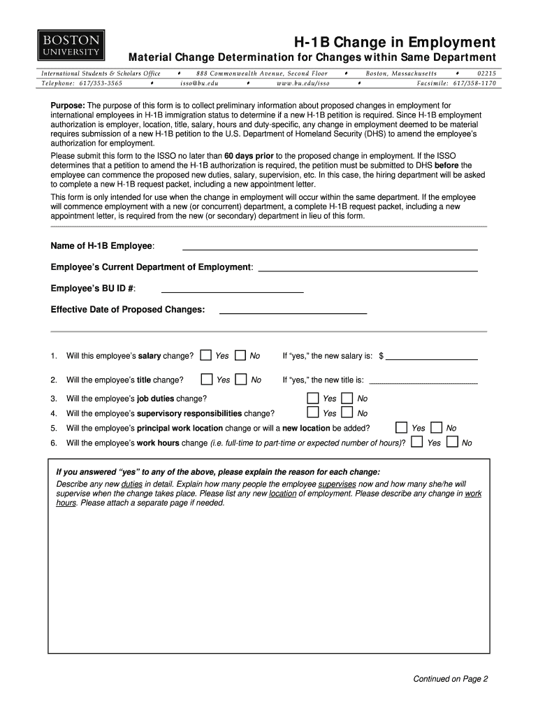 H 1B Change in Employment Form Boston University