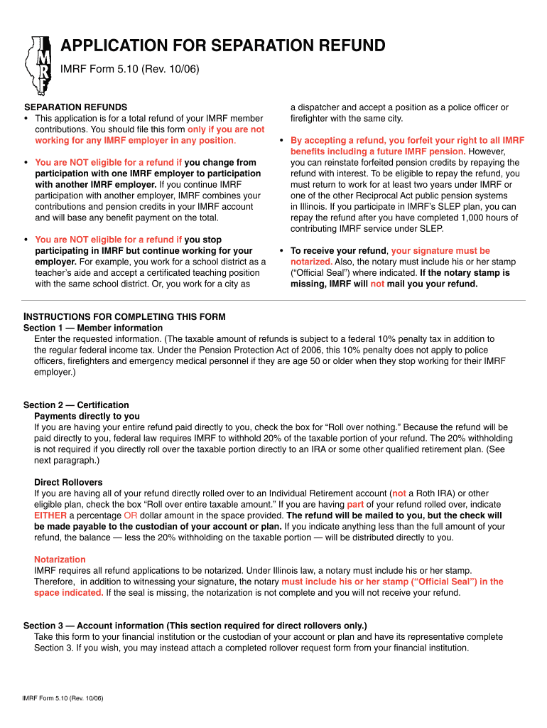 IMRF Application for Separation Refund from 630  Form