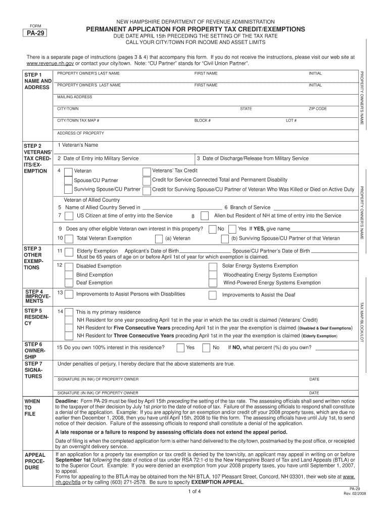 PA 29 PERMANENT APPLICATION for PROPERTY TAX CREDIT Chichesternh  Form